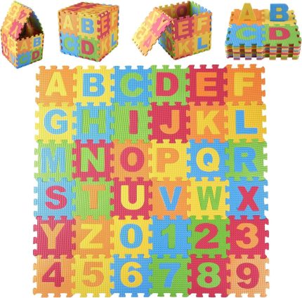 Kids Foam Play Mat (36 Pieces) 6 x 6 Inches Interlocking Alphabet and Numbers Floor Puzzle Colorful EVA Tiles Girls, Boys Soft, Reusable, Easy to Clean